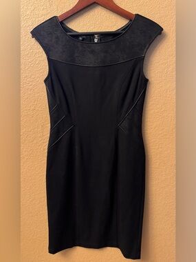 Komarov Faux Leather Suede Yoke Geometric Panel Sheath Dress Black S